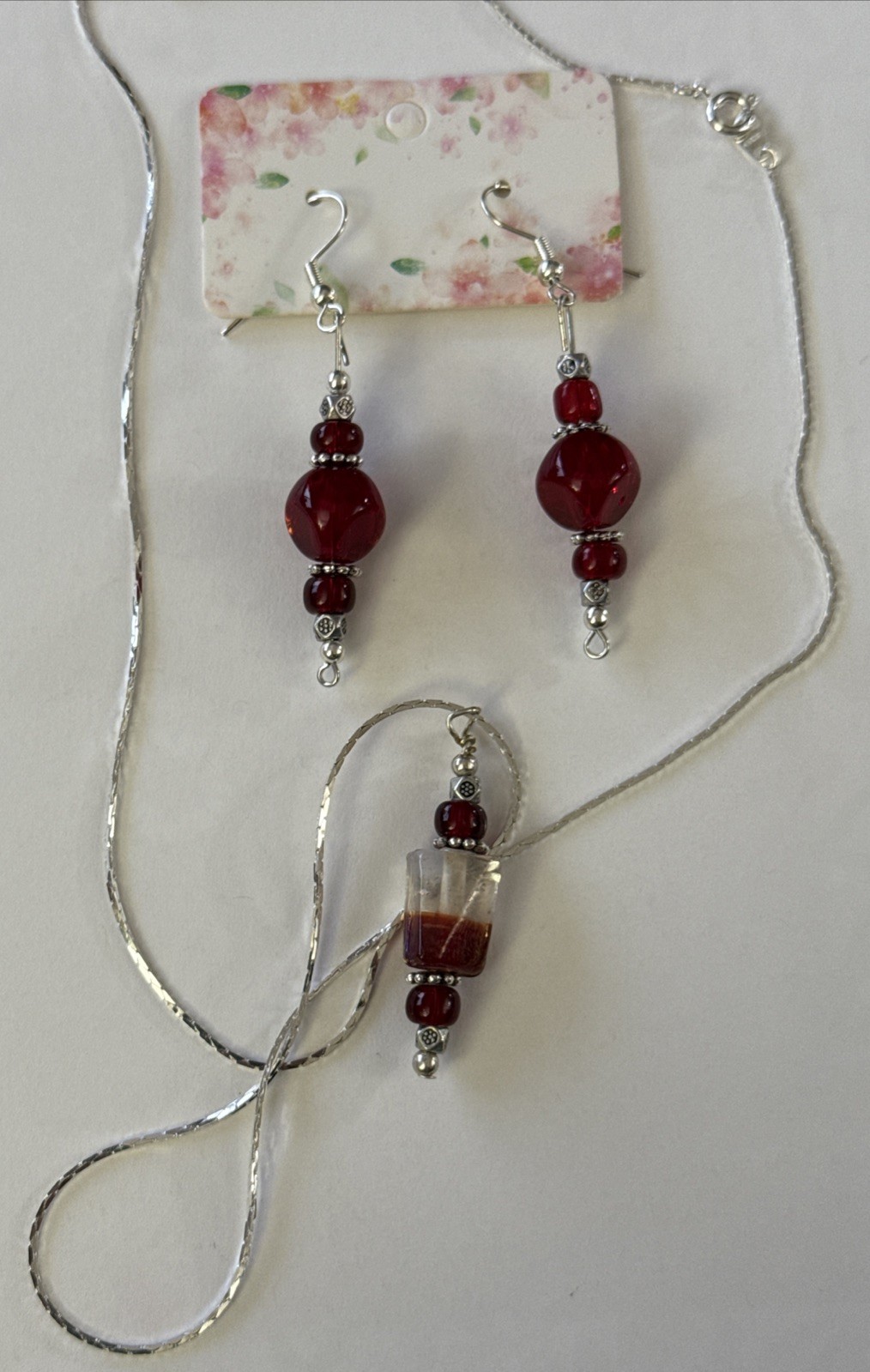 SILVER/RED Handmade NECKLACE & EARRING SET(22”Chain)Wear Everyday•Beaded•Stones•