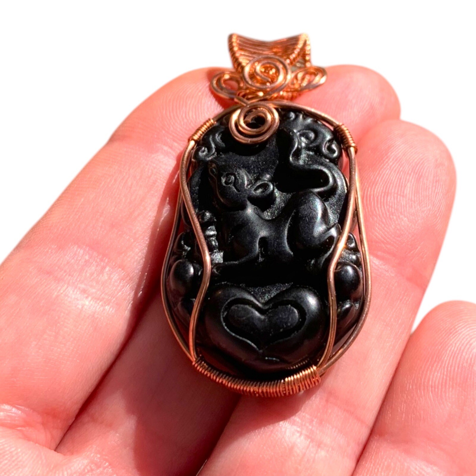 Black Green Jade Necklace Chinese Zodiac Copper Wire Wrap Pendant Animal Jewelry