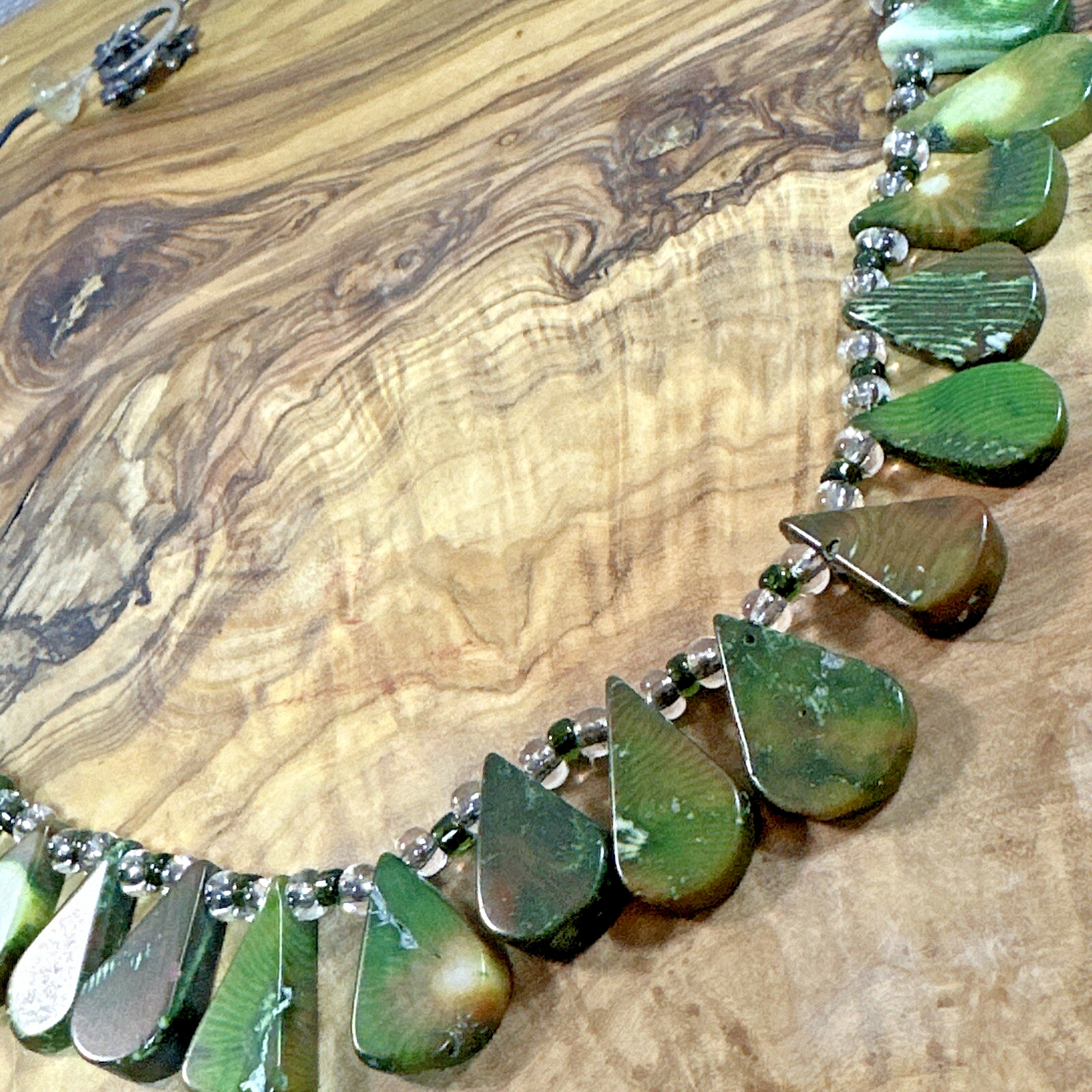 Artisan 19″ Stone Teardrop & Glass Beaded Necklace – Green Brown Handcrafted