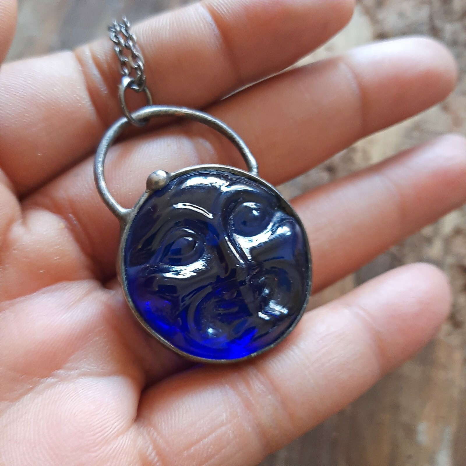 Vintage glass Man In the Moon face necklace celestial moon phase jewelry rustic