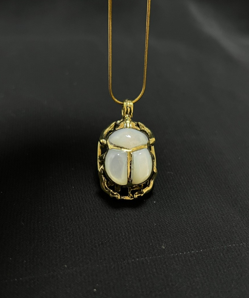 Brass White Scarab Pendant with Hieroglyphics Egyptian Necklace