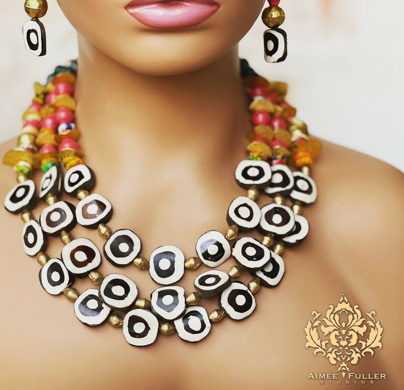 White Howlite Turquoise Statement Necklace Tribal African Brass Mask Pendant