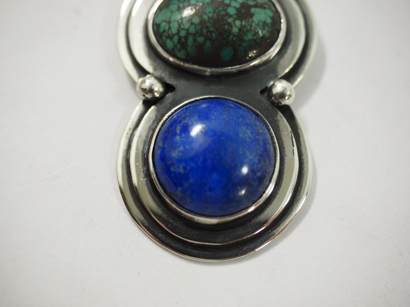 Great 3 stone Artisan Pendant Black Onyx Turquoise & Lapis Sterling Silver 3.3″