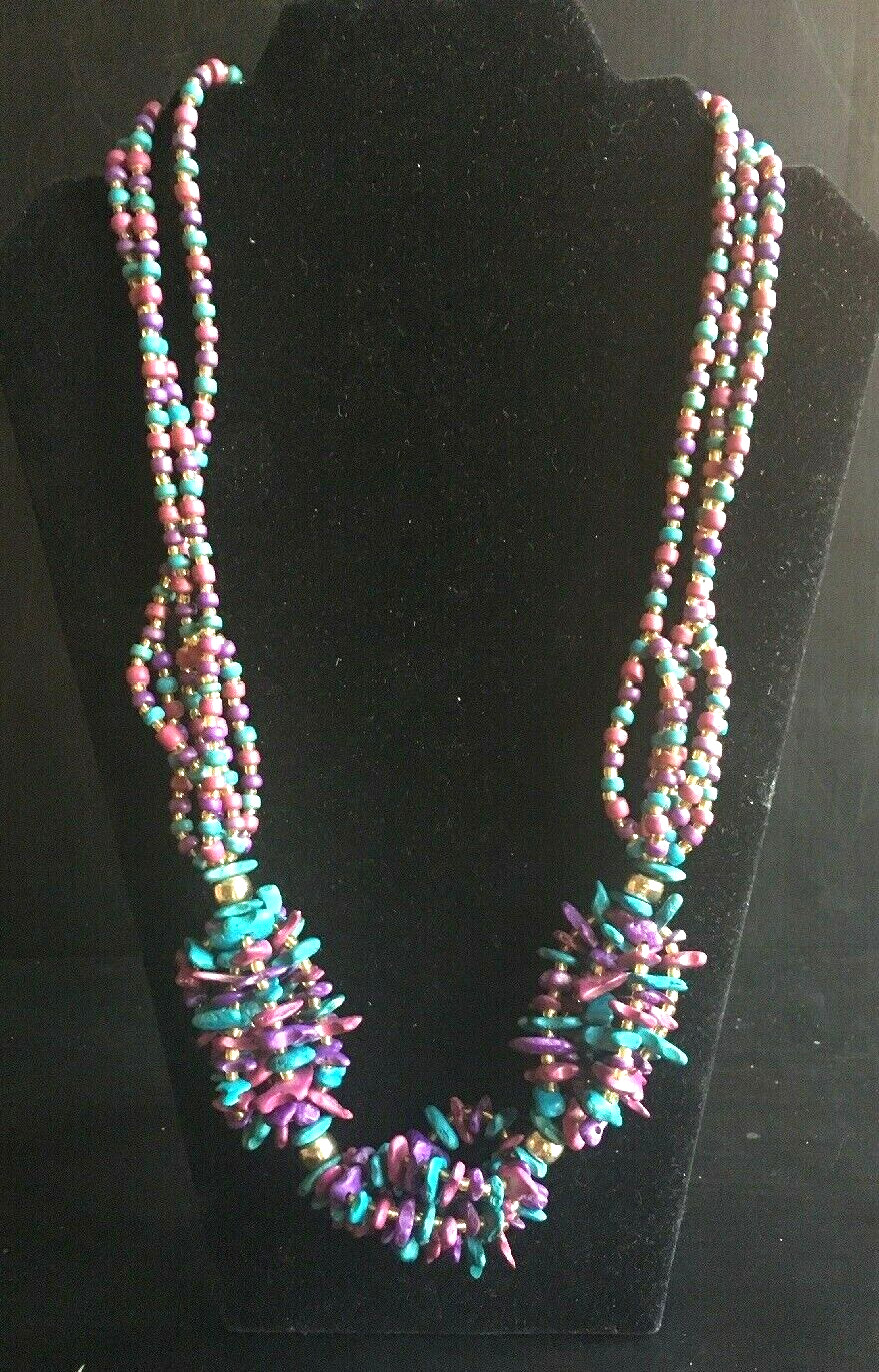 Seed Bead Necklace Purple Turquoise Blue Gold Handmade Triple Strand Twisted 80s