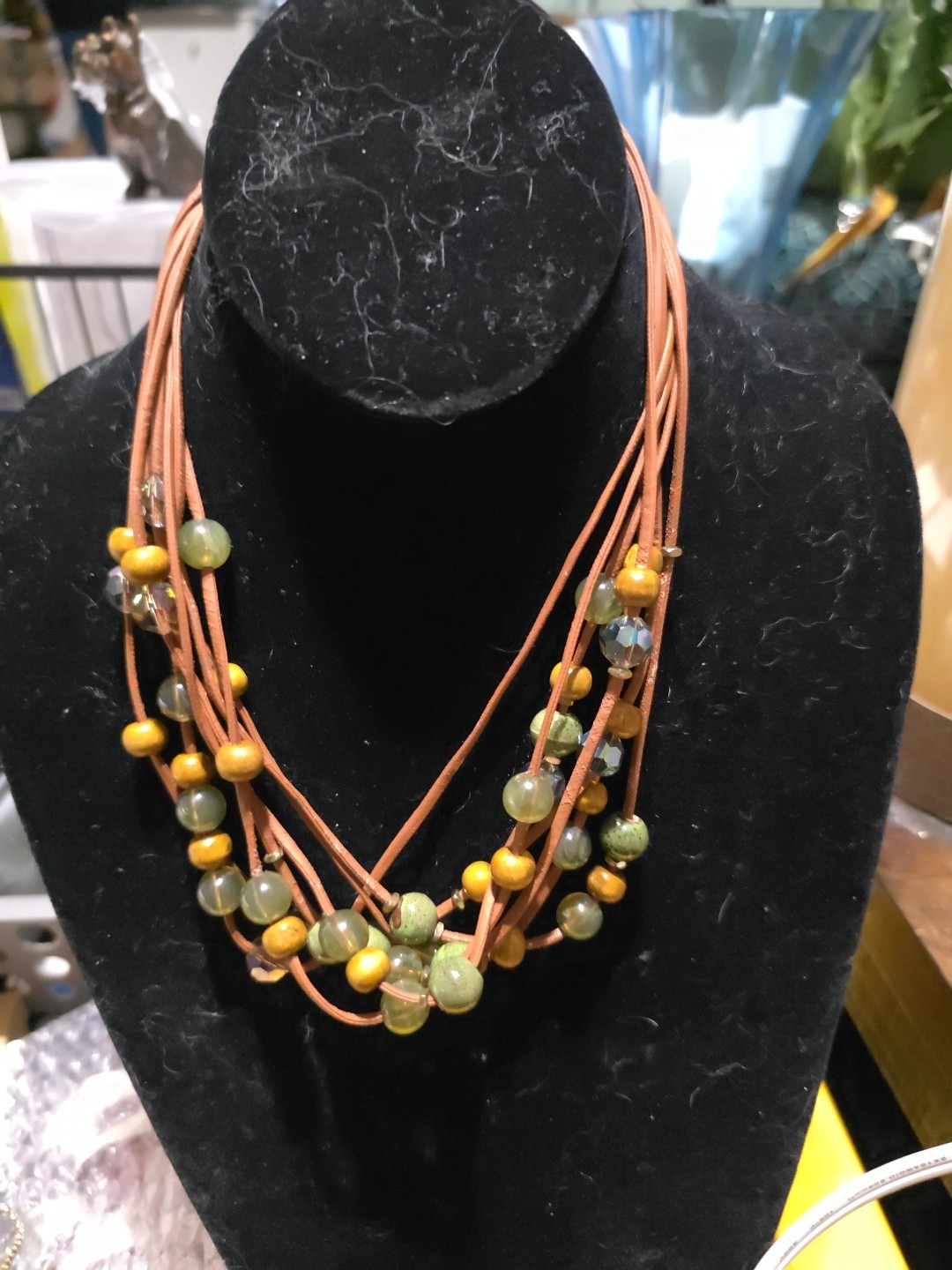Multi-strand Leather Made Necklace Of 2 Shades Green And Amber And Wood Made