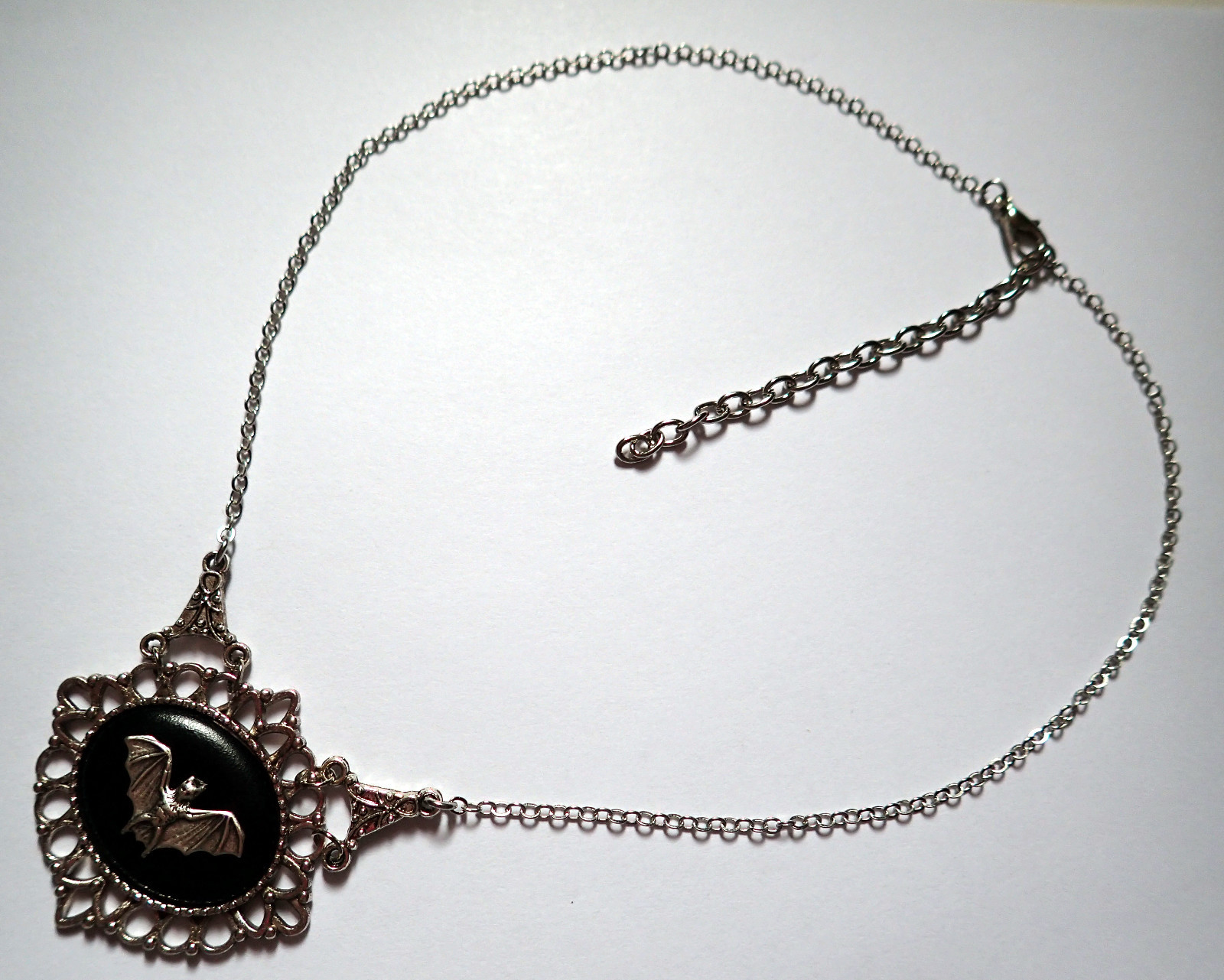 GOTHIC Victorian Silver Filigree Black CAMEO Vampire Bat Necklace/Choker/Earring
