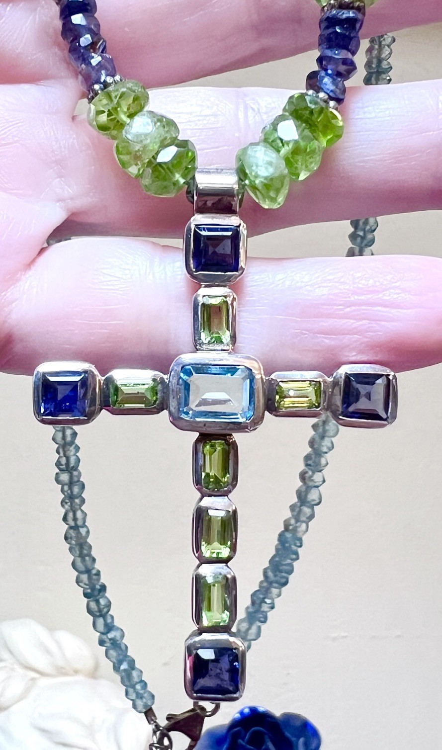 LOVELY Designer Sterling Silver, Blue Topaz, Iolite & Peridot Cross Necklace