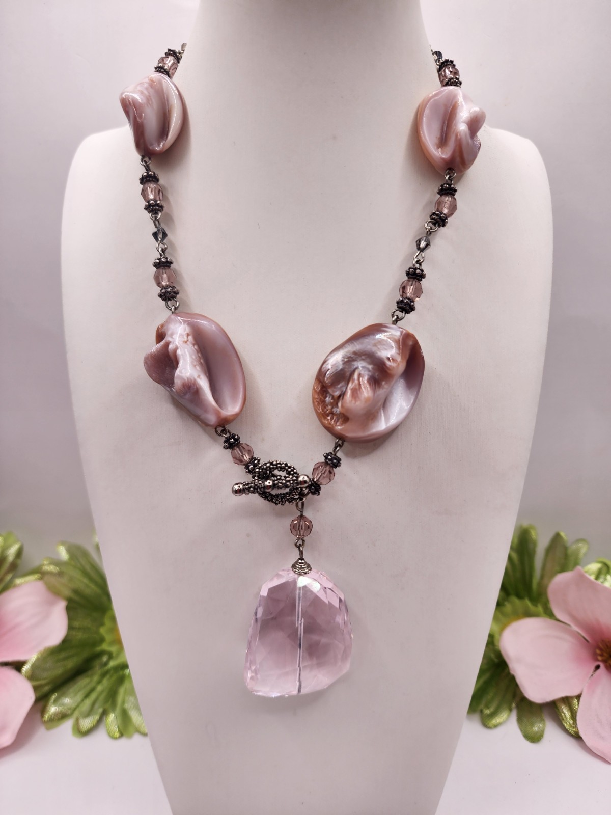 Vintage Artisan Crafted Large MOP Shell With Pink Fauceted Crystal Pendant