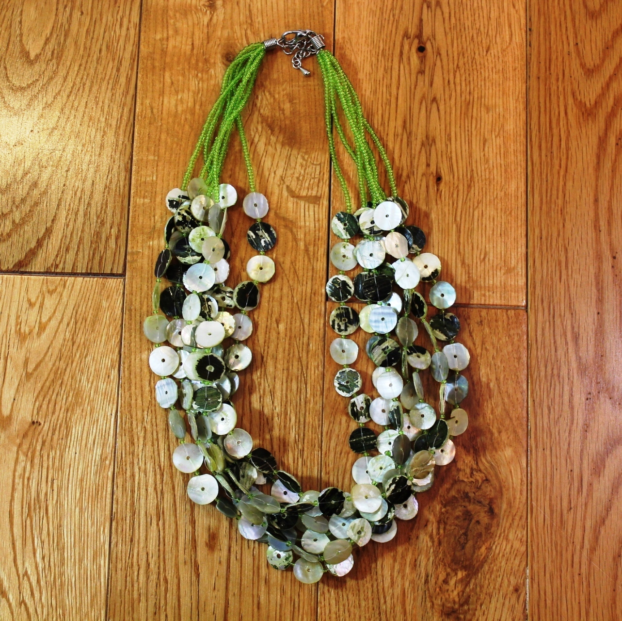 Green Cluster Shell Necklace 21″ to 23″ Adjustable length 7 strand seed beads