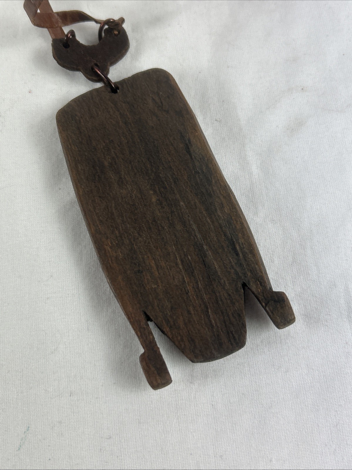 Tribal Face Necklace Carved Wood Pendant 27” Leather Cord Dark Brown Vintage
