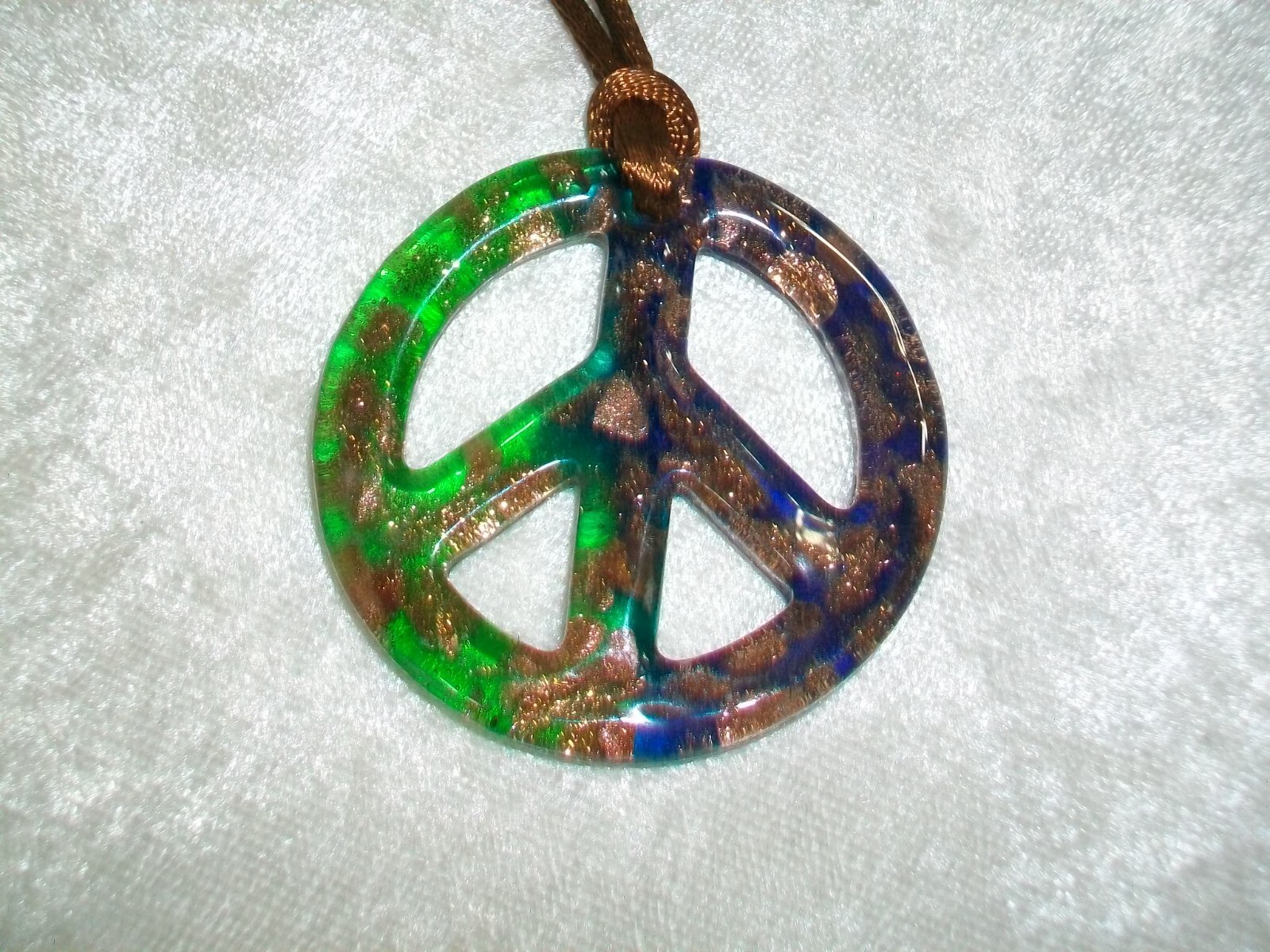Blue Green Copper Peace Sign Art Glass Pendant Necklace Adjustable 38″ Silk Cord