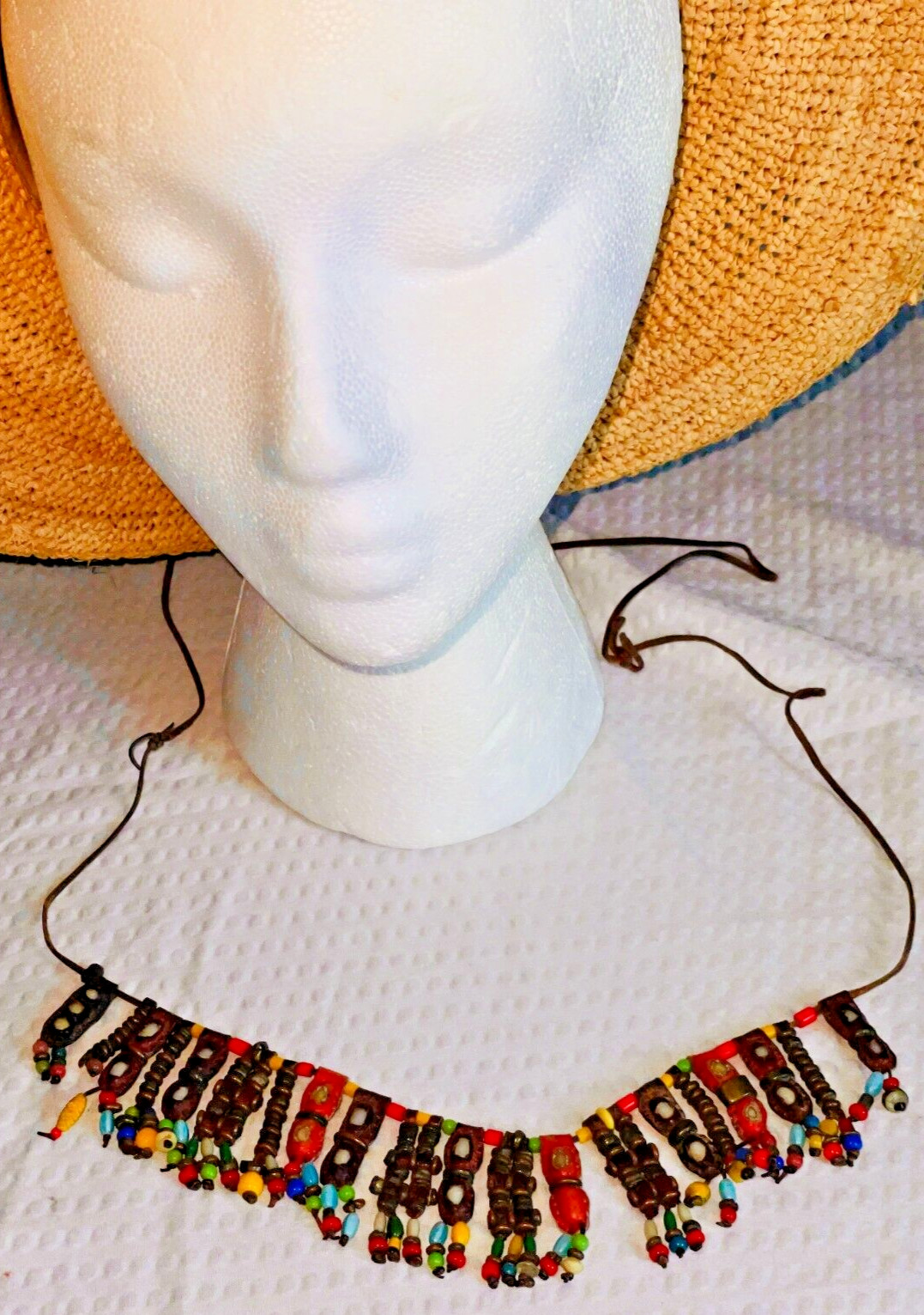 Handmade Folk Art Tribal necklace colorful beads metal beads leather 19”