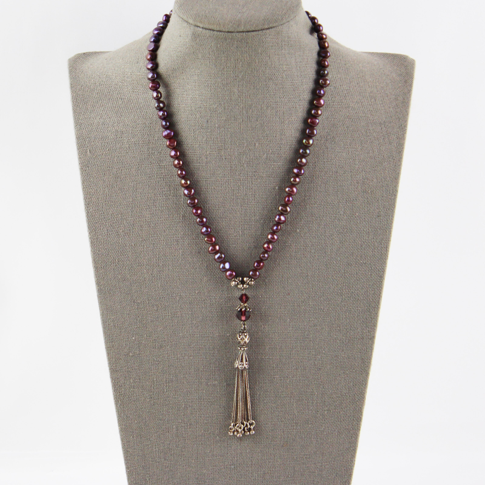 Vtg Peacock Purple Genuine Pearl And Sterling Silver Tassel Drop Dangle Necklace