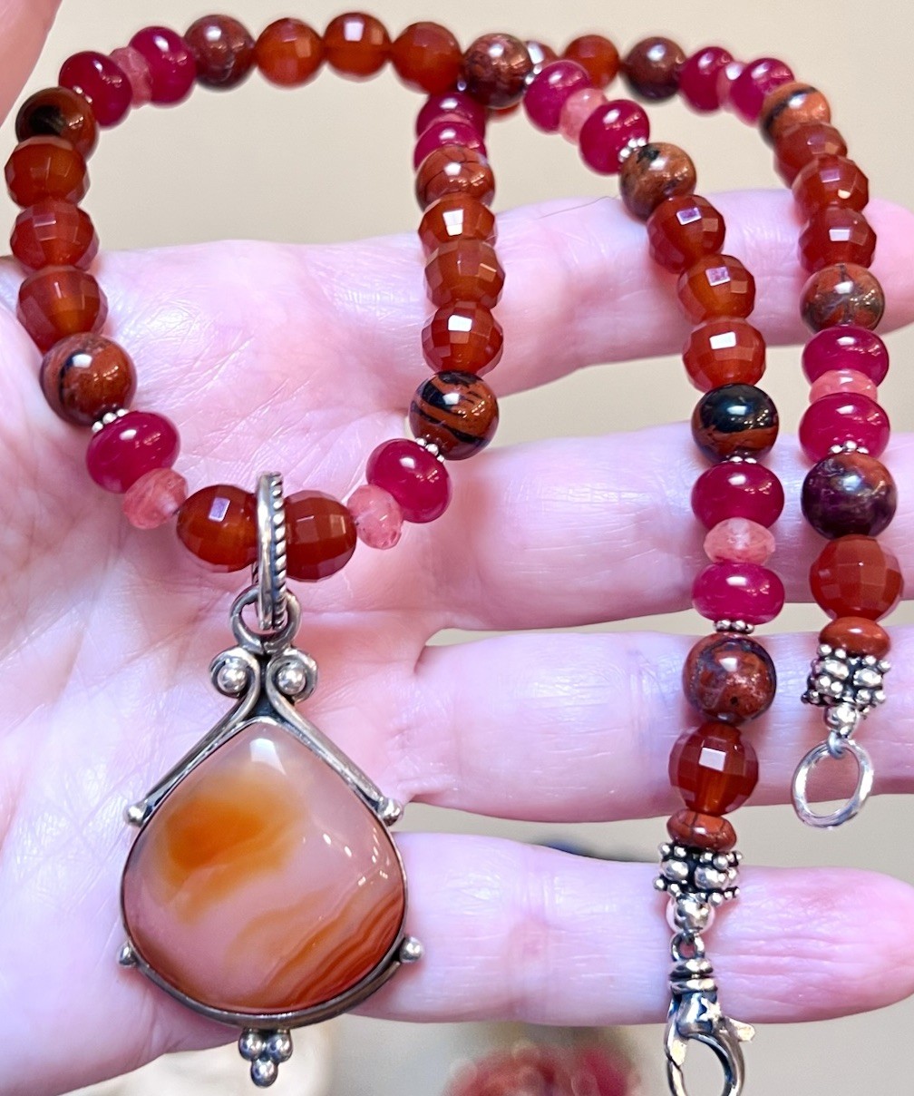 Beautiful Sterling Silver Nouveau Style Red Agate, Poppy Jasper, Etc. Necklace