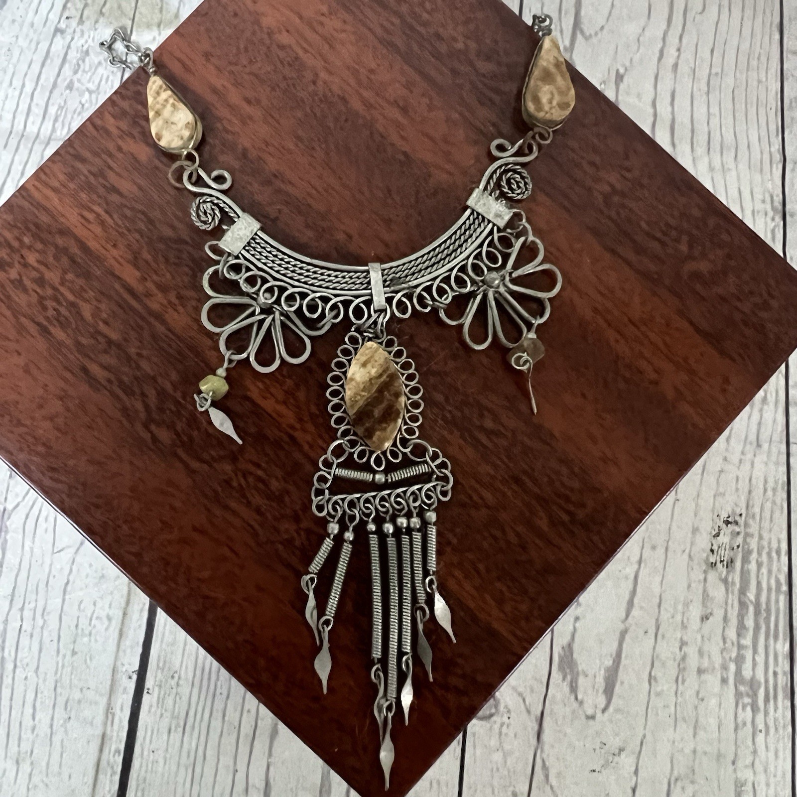 Peruvian Scroll Necklace Silver Tone Brown Stone Wire Artisan Brown Stones Art