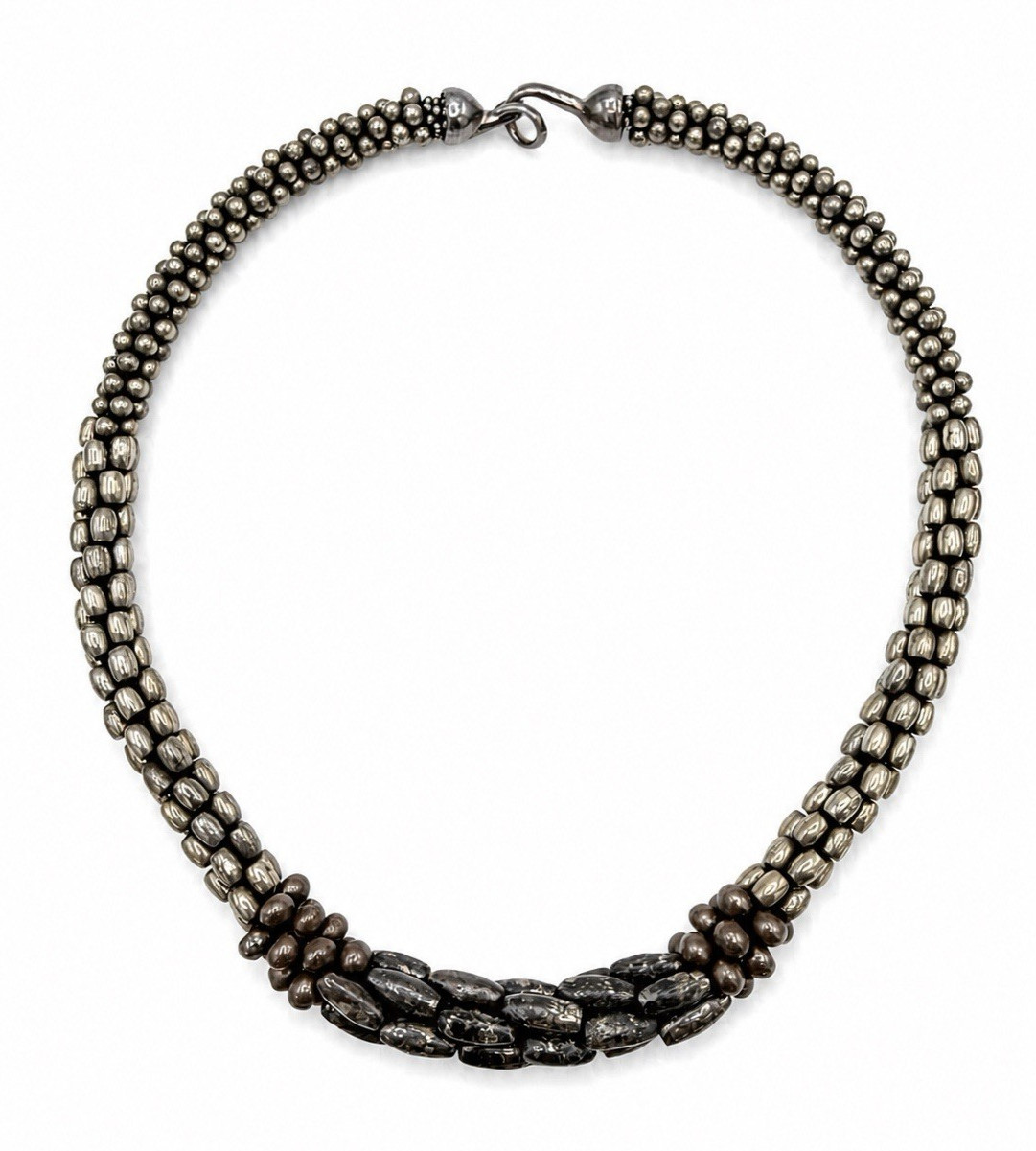 Artisan Rustic Multi Strand Metal Bead Necklace 925 Sterling Clasp 20”
