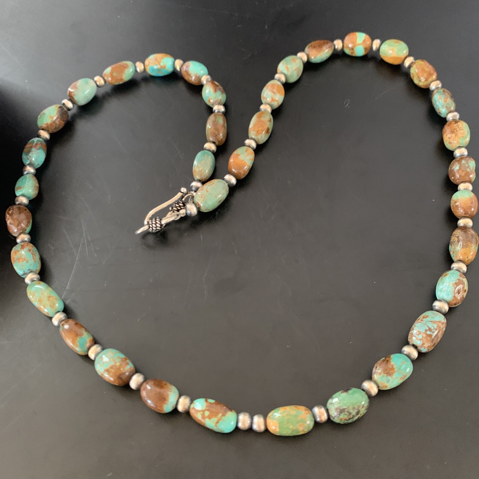 Green Royston Turquoise Bead Navajo Sterling Silver Beads Necklace 11465