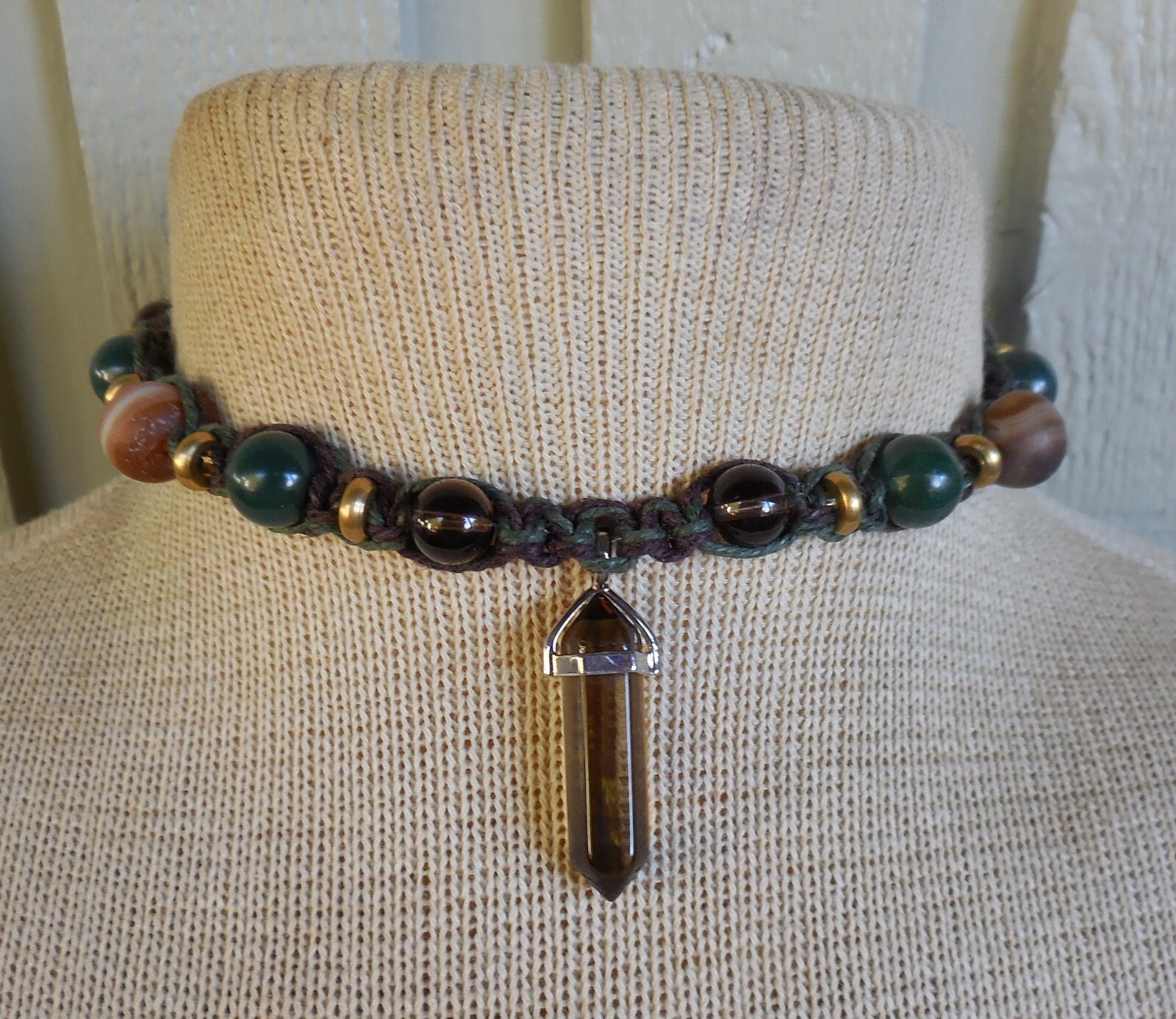 Smoky Quartz Double Terminated Crystal Adjustable Hemp Necklace Agate Beads OOAK