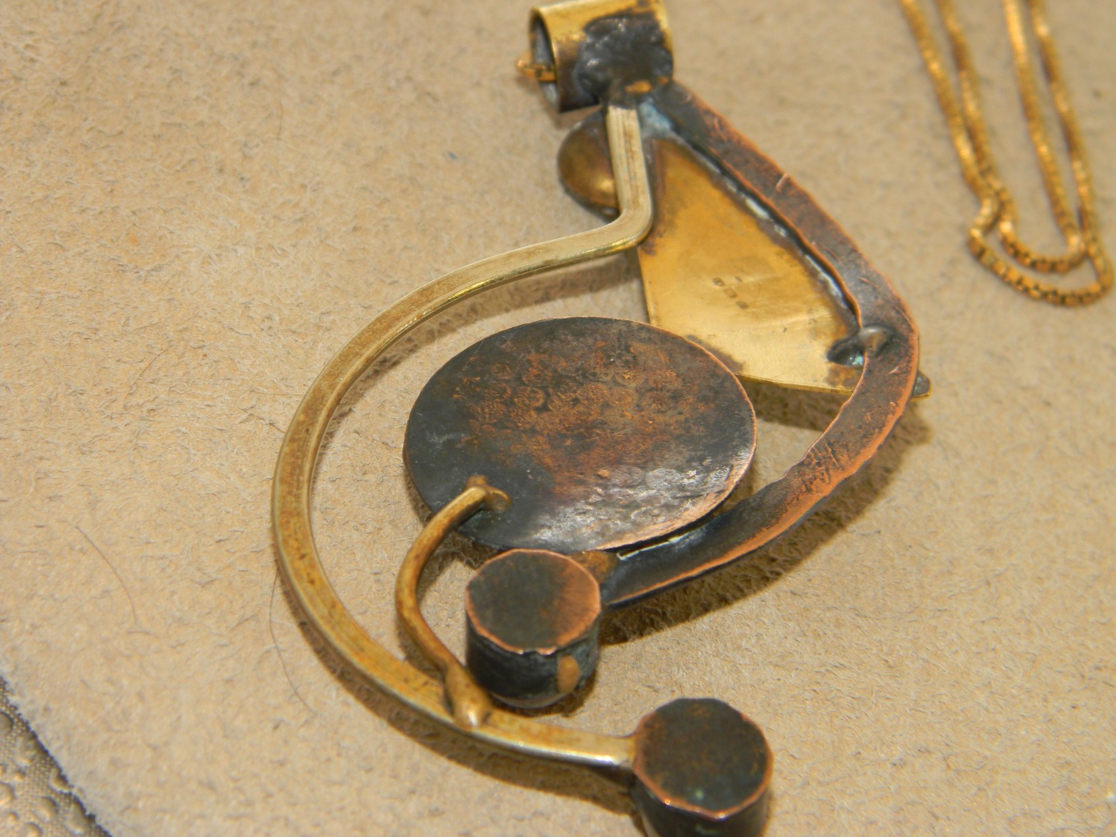 Large Brass, Copper and Quartz Modernist Design Pendant on 925 Chain Necklace