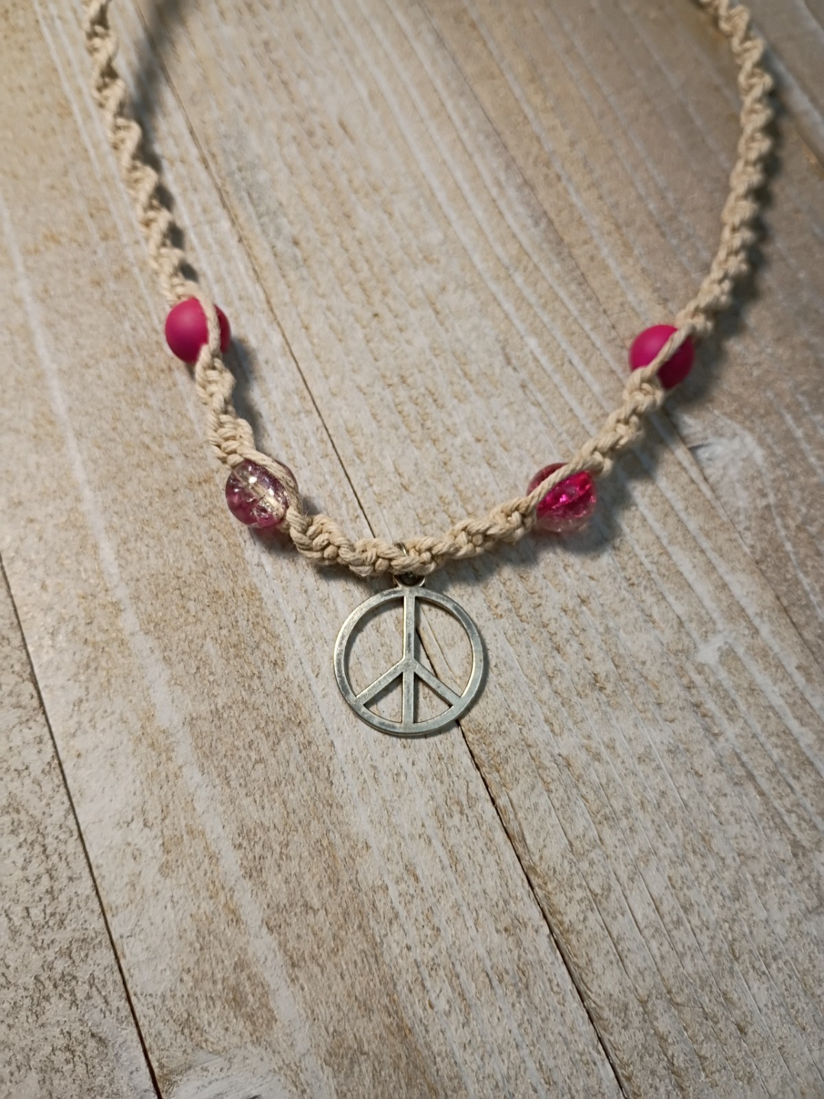 New Hemp Necklace w/ Peace Sign Charm & Pink Glass Beads, 17 inch Handmade