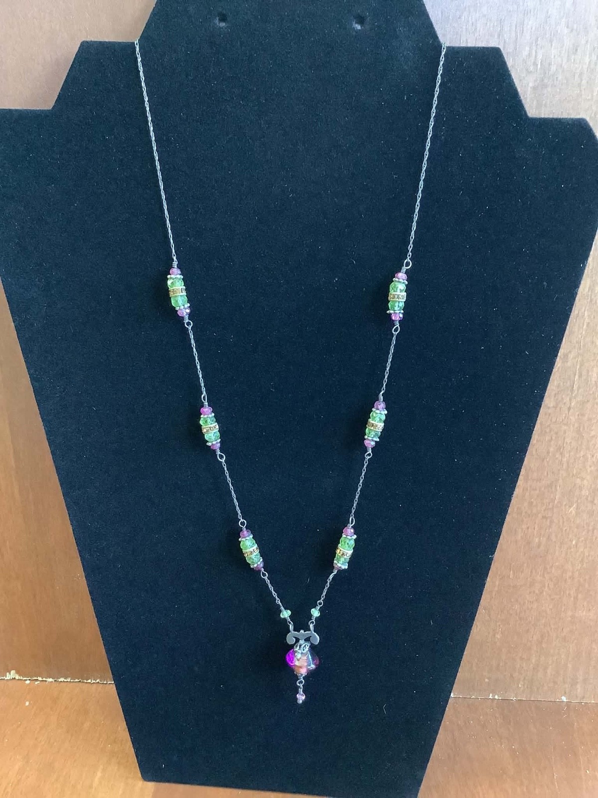 Handcrafted Artisan Necklace Featuring Green/Pink Glass Beads w/Lampwork Pendant