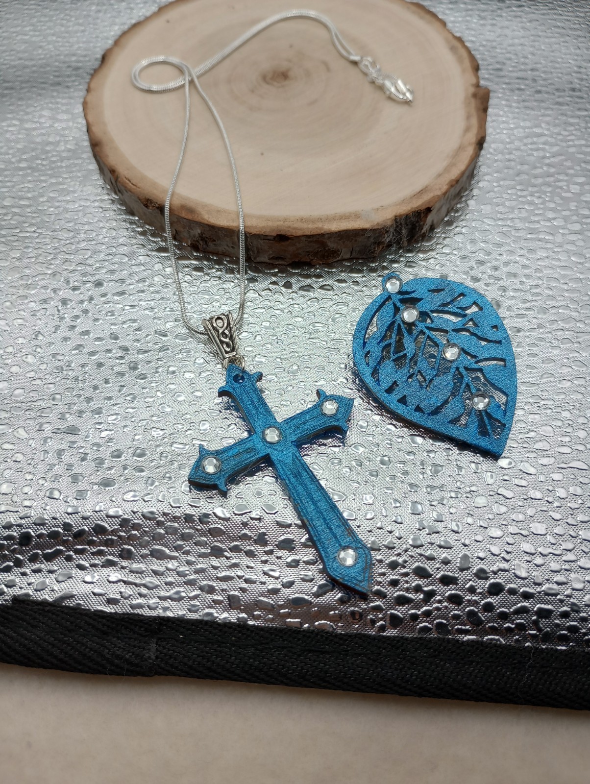 Handmade Wood Cross Pendant Necklace In Color Blue With Crystal Beads