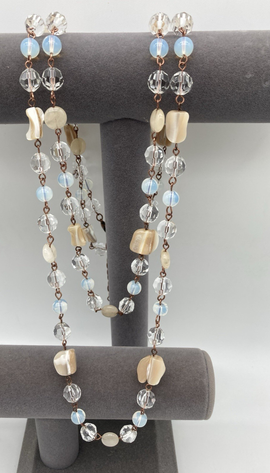 Handcrafted 29″ Beaded Necklace Copper-Tone wire links Crystals Opalite & Stone