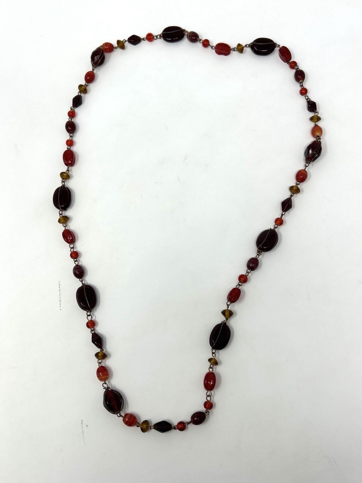 VTG Art Glass Beads & Wire Necklace Boho Art Deco – Red Orange Maroon Burgundy