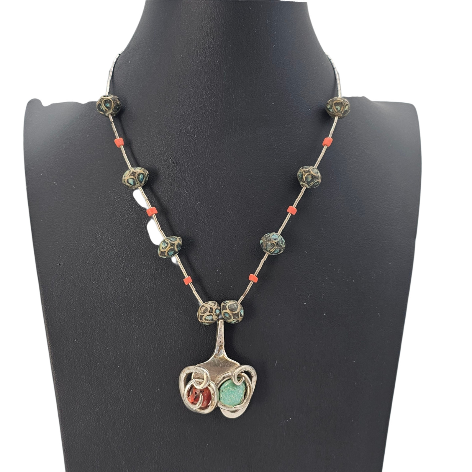 Studio Artisan Necklace Handmade Red Coral Turquoise Silver Spoon Pendant 16”