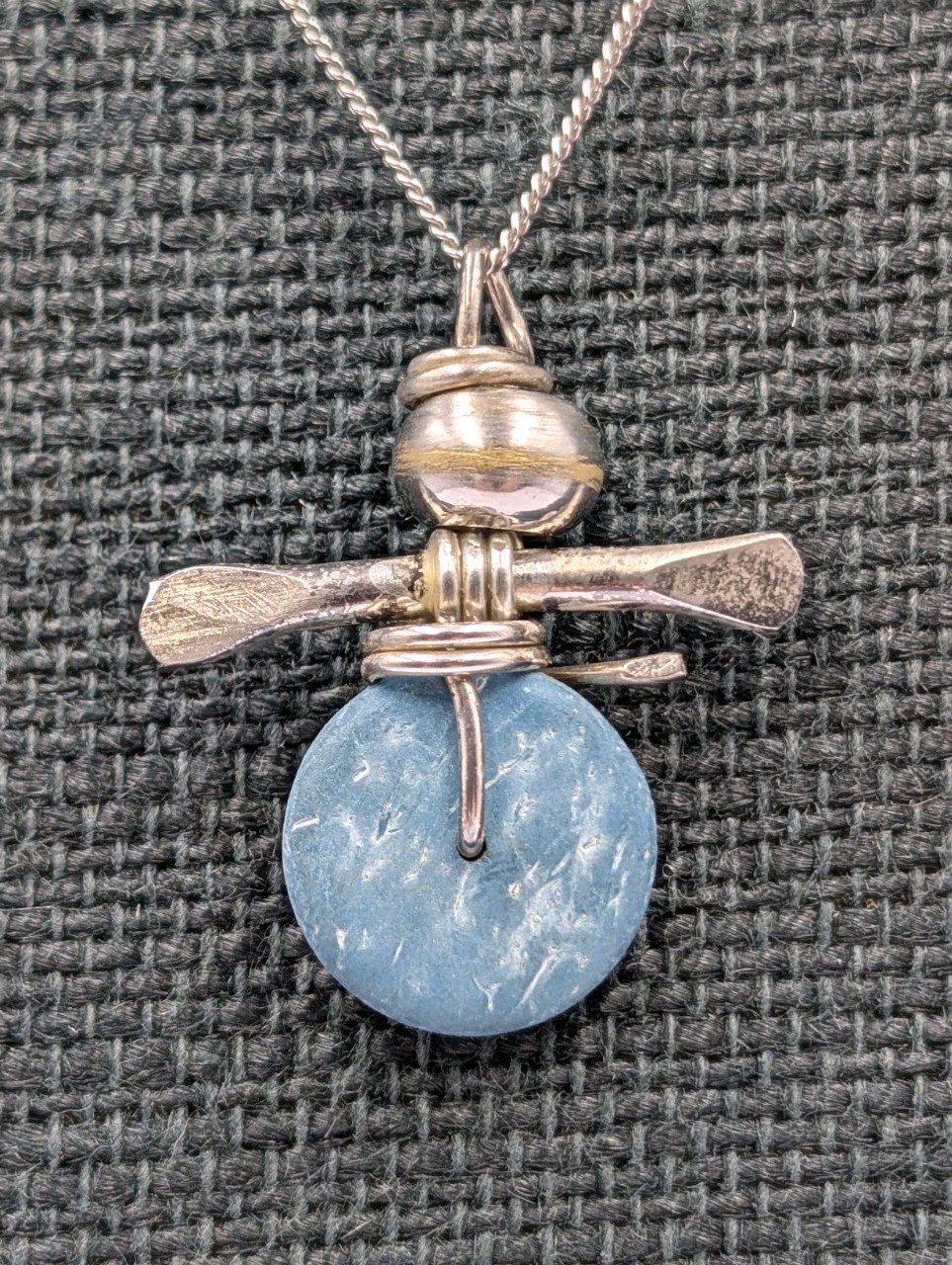Sterling Silver Asian Style Wire Wrapped Blue Disc Pendant 18″ Curb 925 Necklace