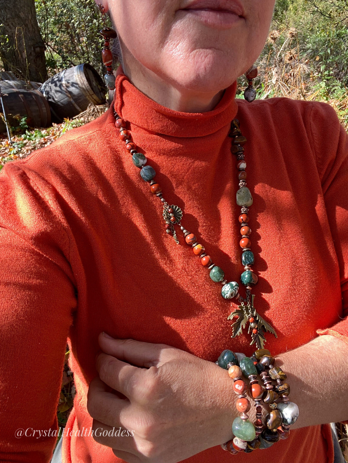 Red Autumn Multi-Gemstone Statement Jewelry Set Necklace + Bracelet + Earrings