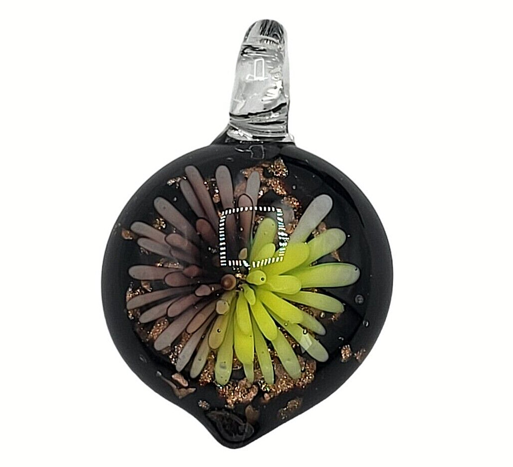 Hand Blown Art Glass Flower Floral Pendant 3D Round Jewelry Making Yellow 1.5″