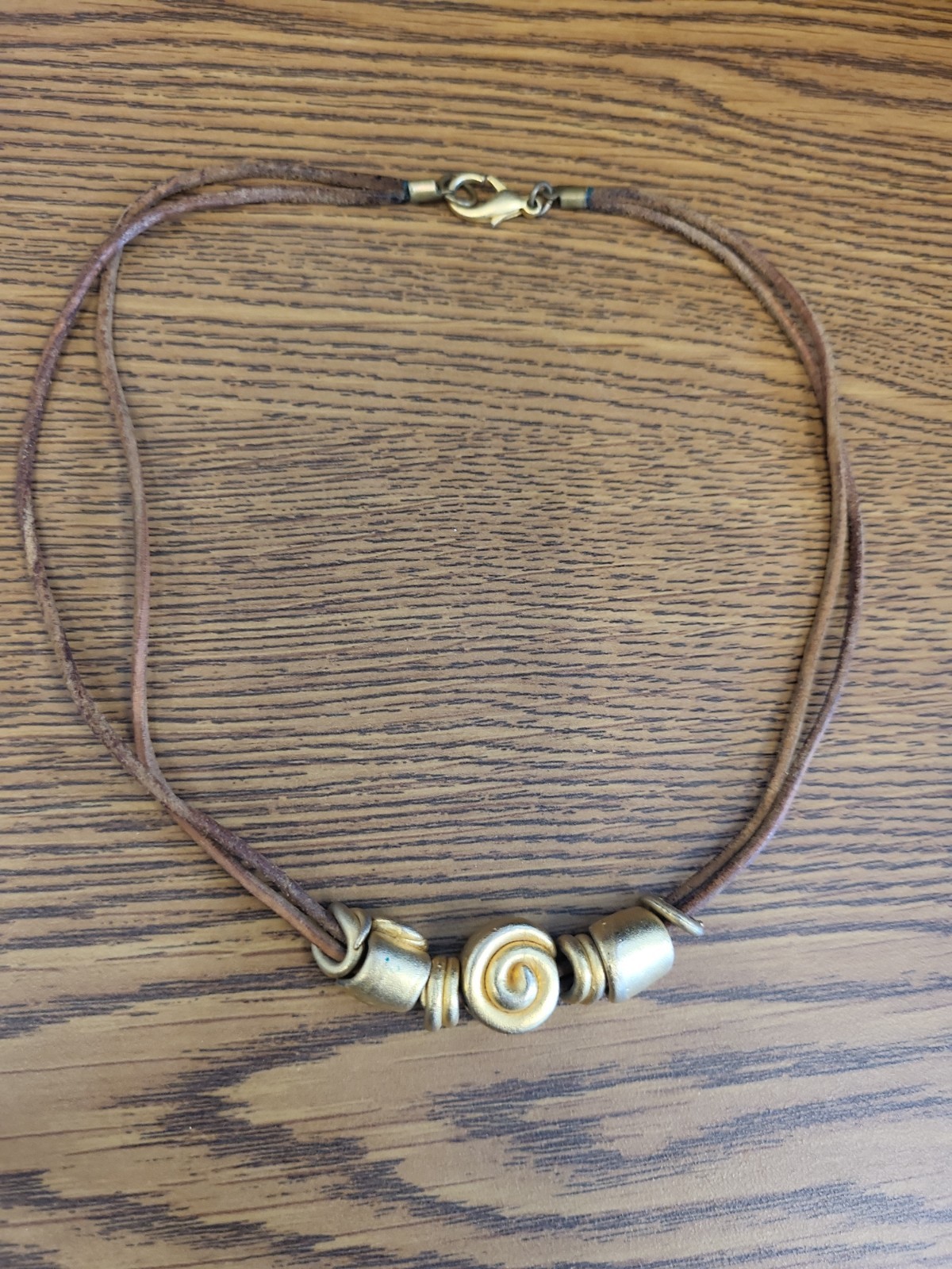 Vintage Brown Leather Cord Choker Necklace Gold Tone 16″