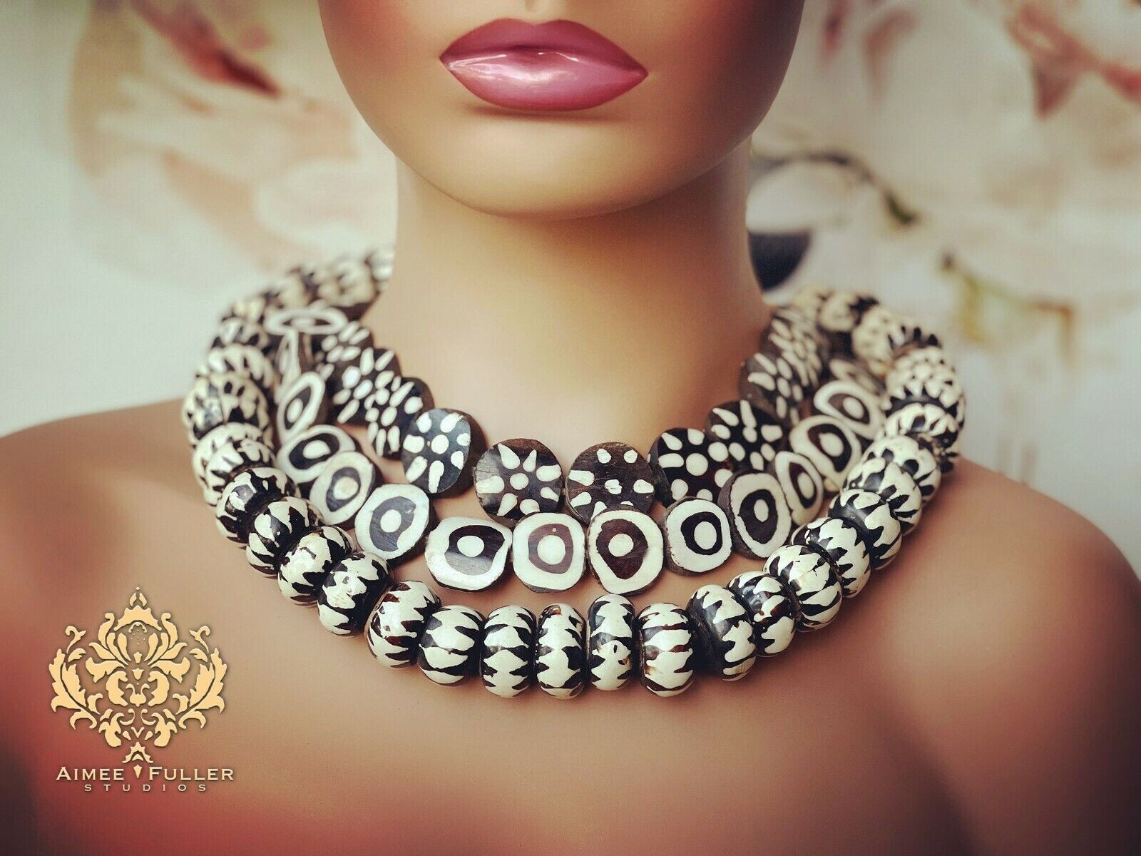 Aimee Fuller Statement Necklace Jungle Pattern Terracotta Batik Bead Black White