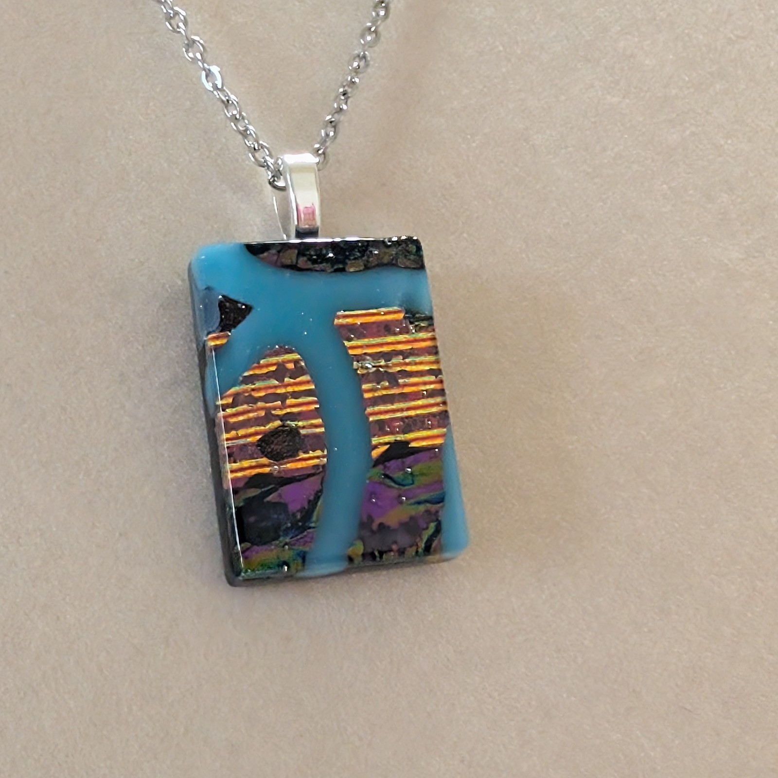 Large Hand Crafted Dichroic Fused Glass Pendant Necklace W/ Chain #1374