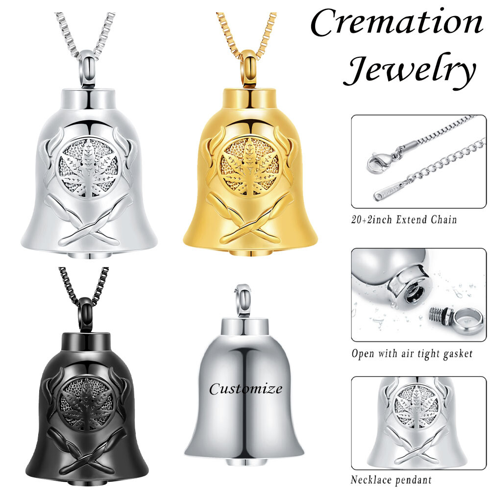 Bell Cremation Jewelry for Ashes Marijuana Leaves Urn Necklace for Ashes Jewelry