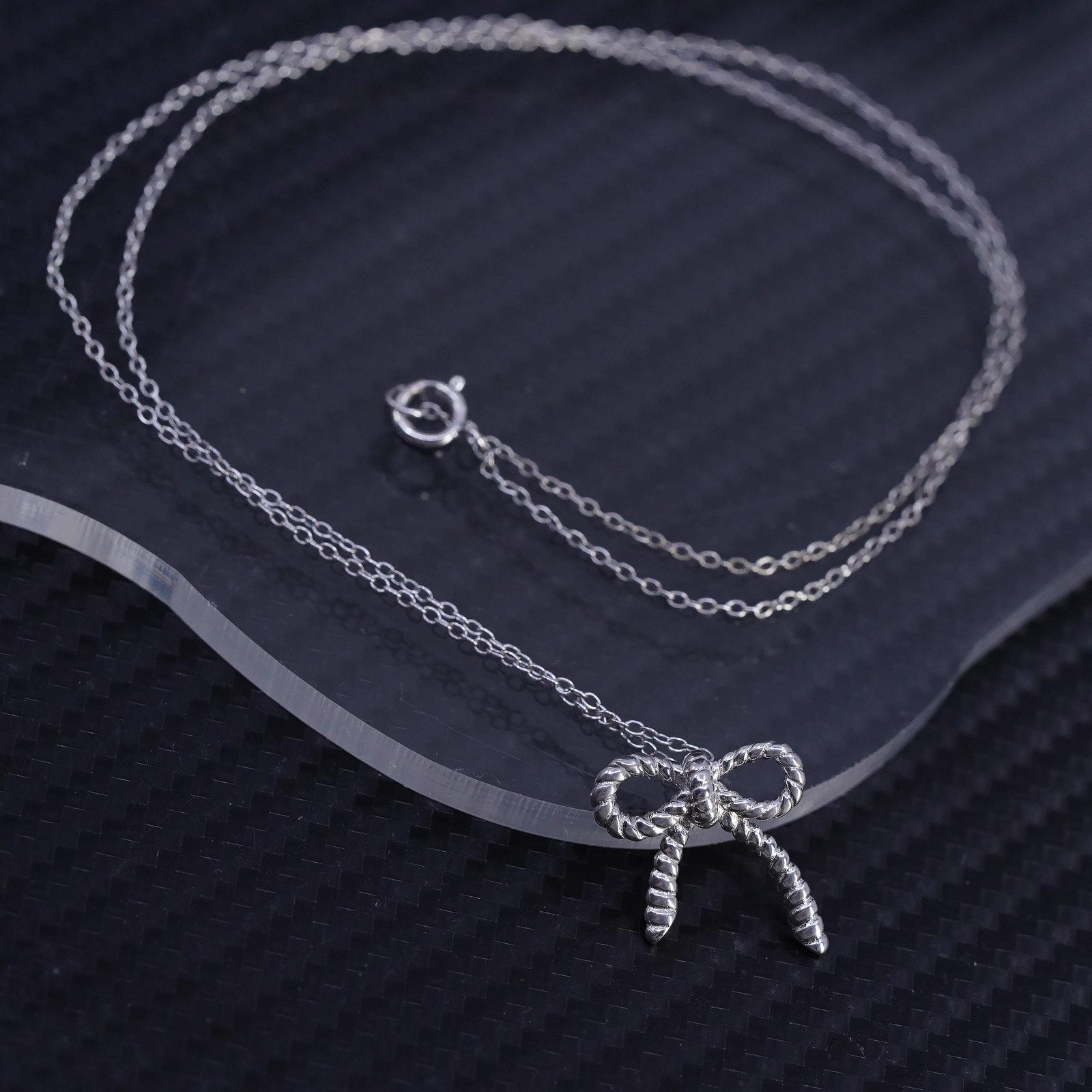 18” 1mm, vintage sterling silver 925 circle chain necklace ribbon bow pendant