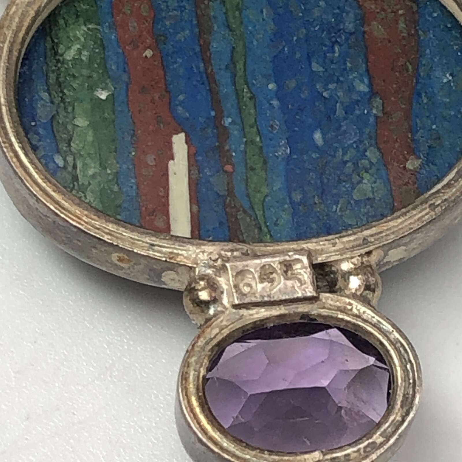 Fordite Calsilica Pendant With Amethyst And Freshwater Pearl Set In Sterling 925