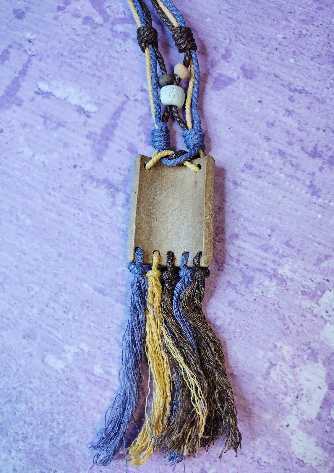 Yin Yang Wooden Necklace Fringed Bohemian Boho Handmade Purple Brown Peach