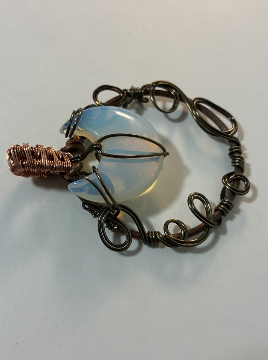 Handmade Wire Wrapped Opalite Crescent Moon Pendant Bronze Copper Tone Boho