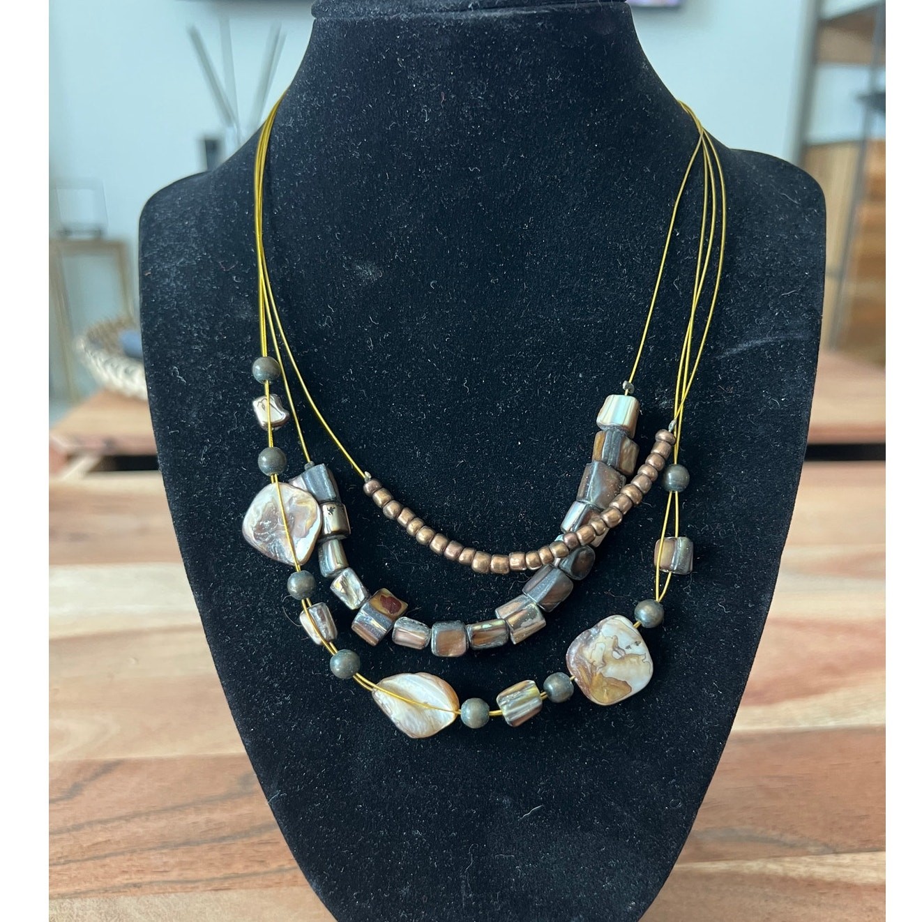 Chico’s triple strand statement necklace chunky Beaded Mother of Pearl Shell