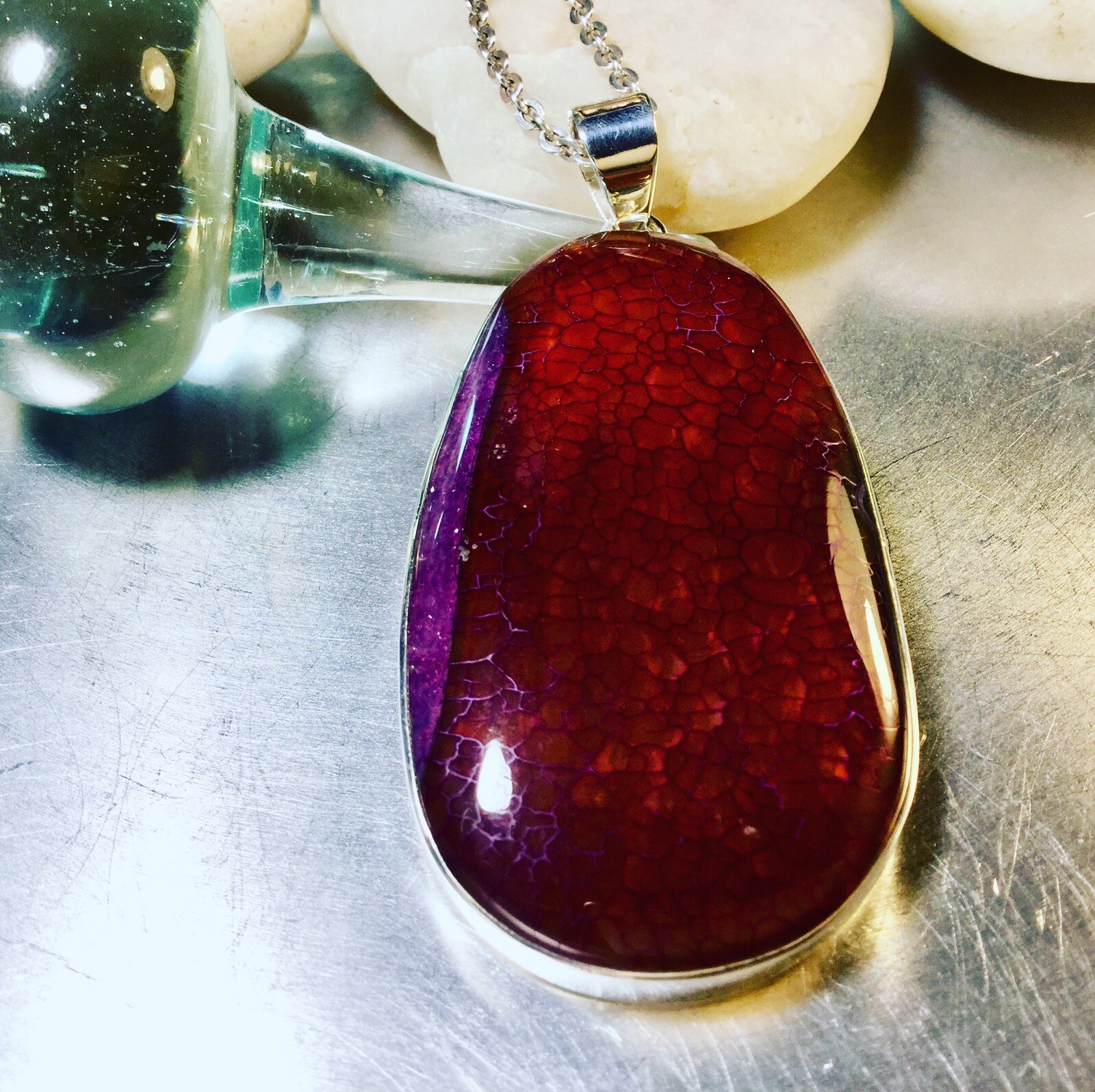 Genuine 925 Sterling Silver Large Dragon Vein Agate Pendant