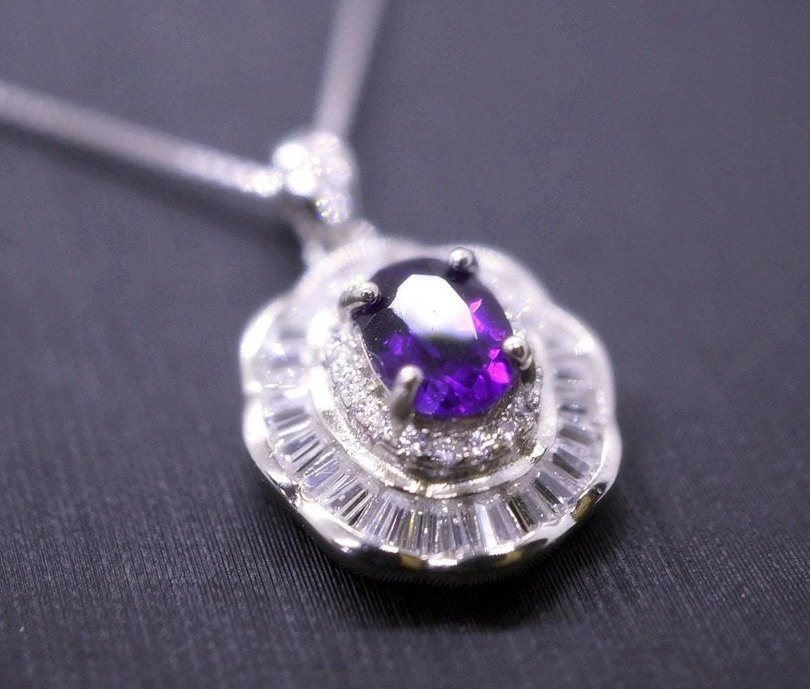 Genuine Amethyst Necklace – Gemstone Lotus Leaf -Sterling Silver – White Gold