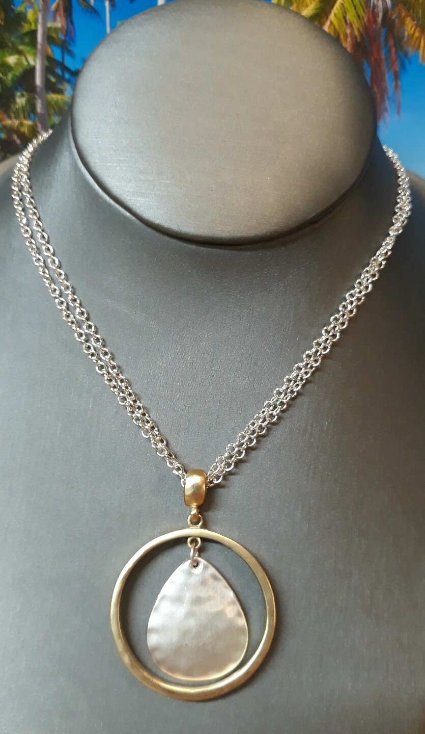 Circle and Hammered Teardrop Pendant Necklace and Matching Earrings