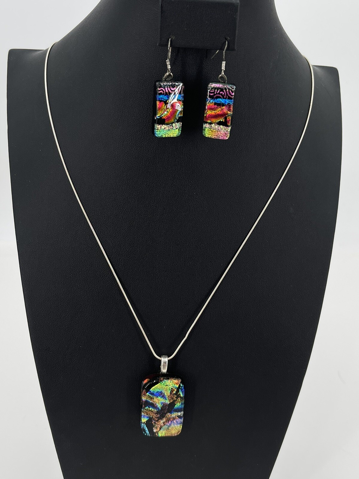 Stunning Multicolored Dichroic glass pendant And Earring with Sterling Chain 14″