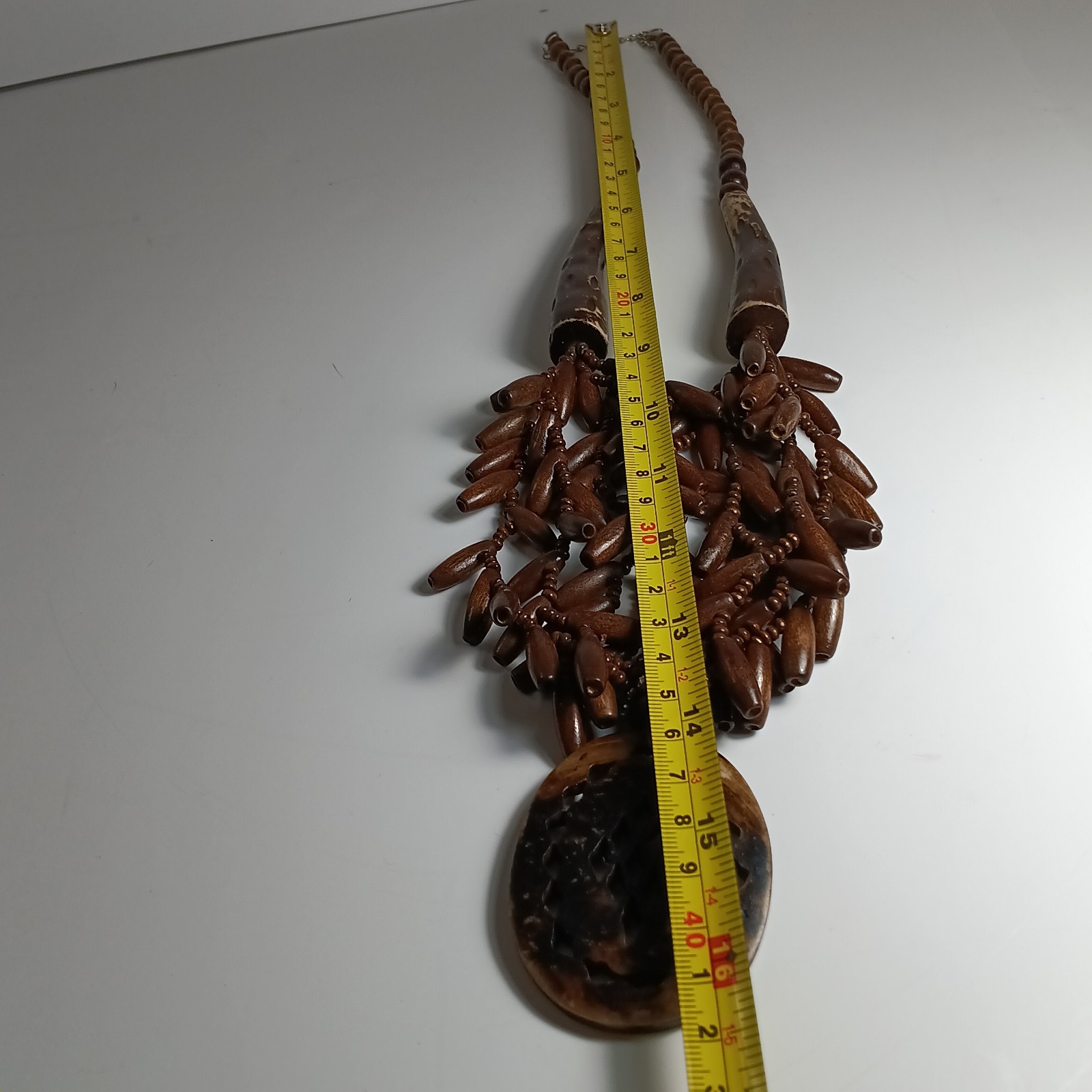 Tribal Boho Necklace Wooden Seed Beads and Carved Faux Antler Bone with Pendant