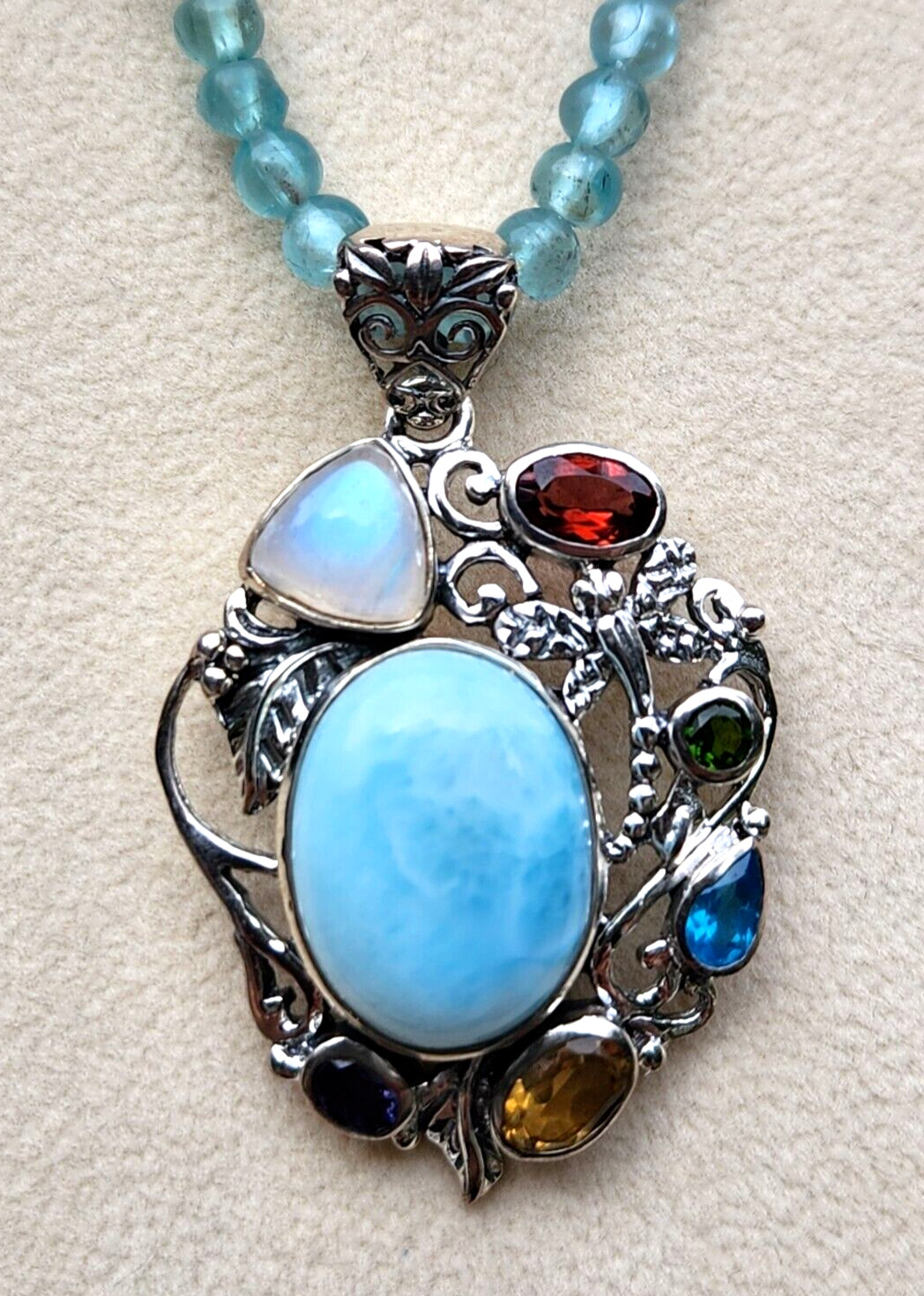 Larimar & Multi Gem Pendant on Apatite Necklace in Sterling 20 In. GORGEOUS!!