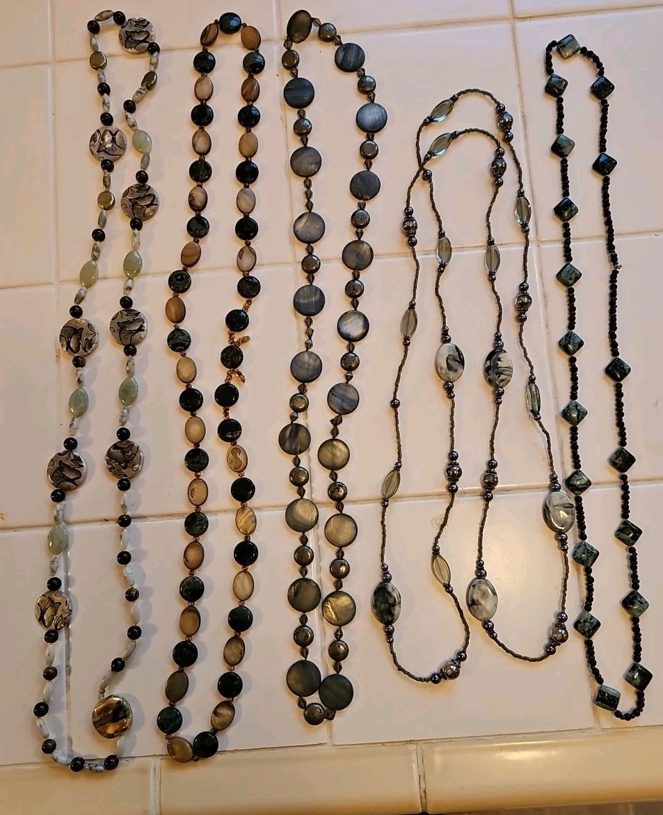 Handcrafted Necklace Lot Beaded Glass Stones Shells Long