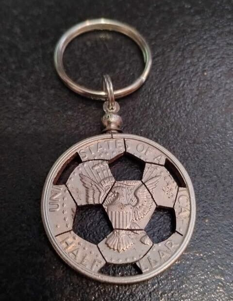 Hand Cut Half Dollar Soccer Ball Bezel set Pendant Key Chain