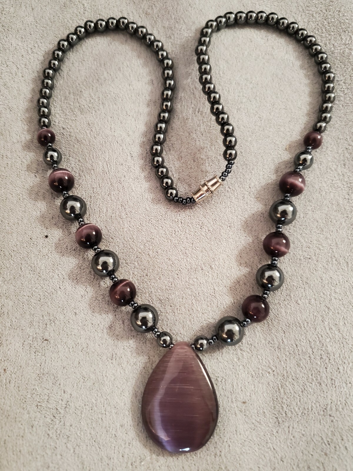 Hematite And Plum Purple Glass Beaded Teardrop Necklace